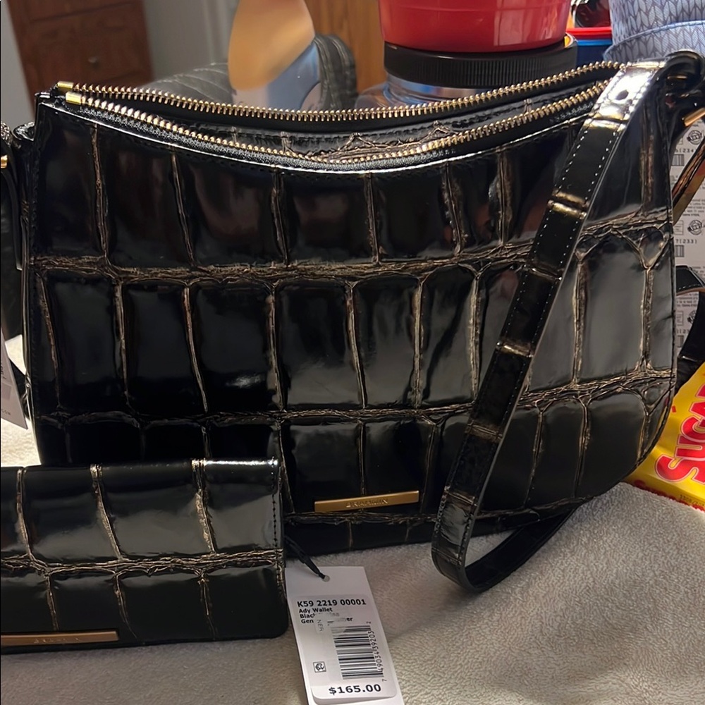 Elegant Black Croc-Embossed Shoulder Bag with matching wallet